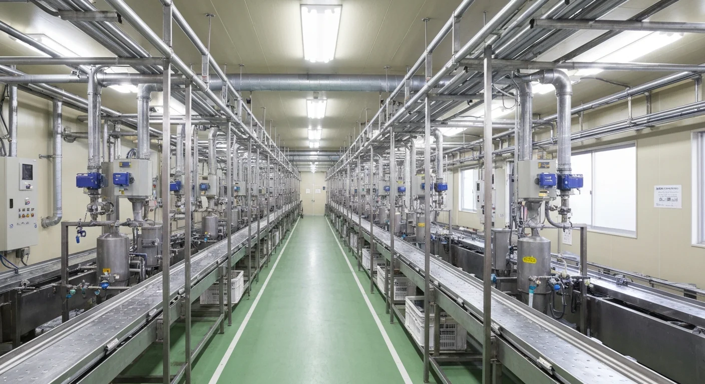 工場内設備の列と配管の近景が奥へ連なる製造現場の全景